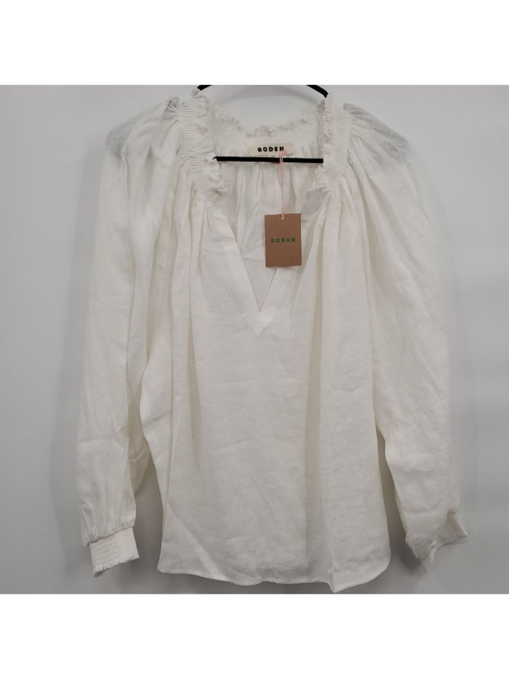 Boden Serena Pleat Neck Linen Top Blouse Women Size 14 NWT V Neck Long Sleeve